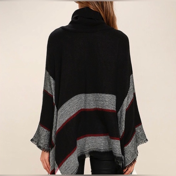 Lulus black striped turtleneck poncho shawl sweater w/ fringe edge OS 🎊SALE - Picture 13 of 14